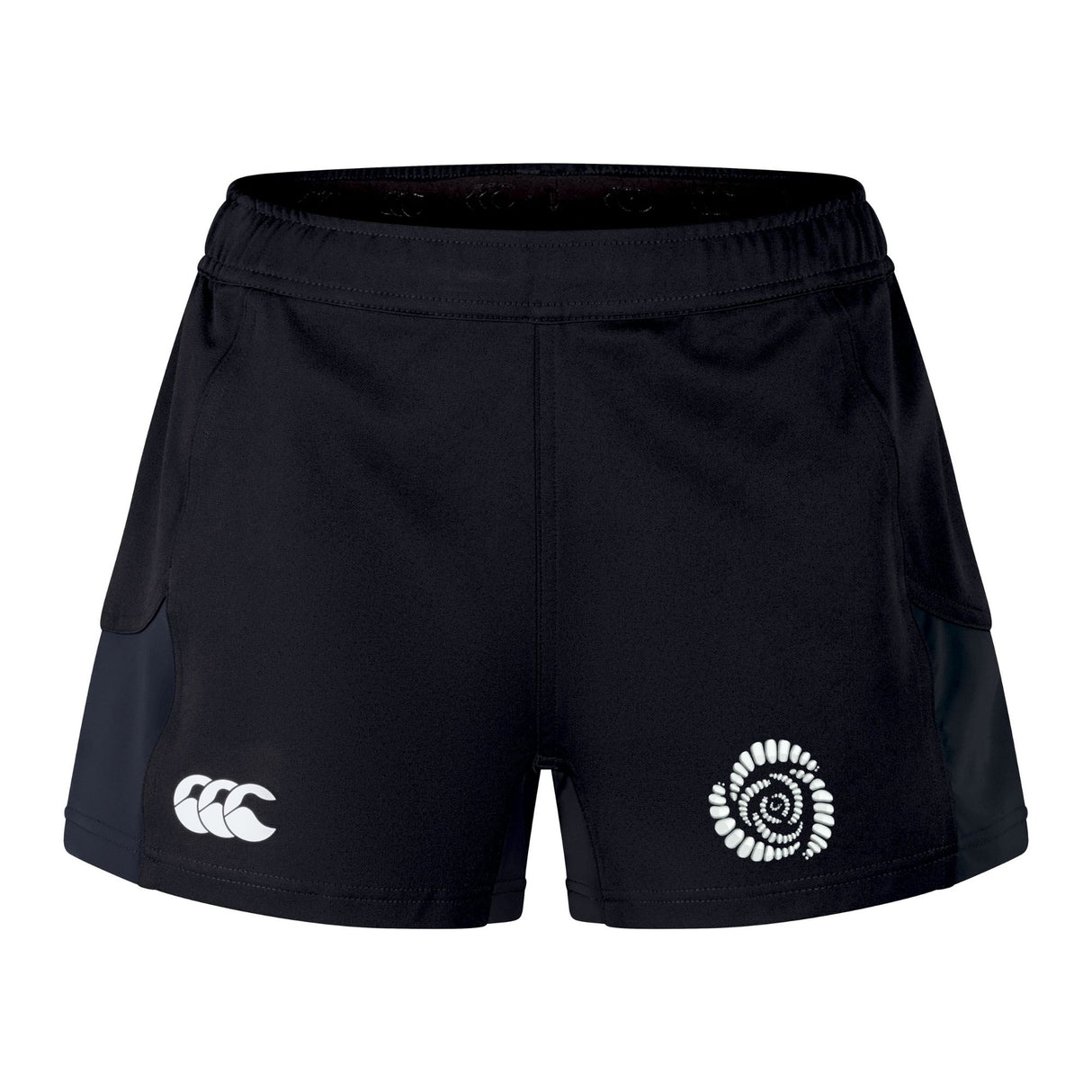 The Missoula All-Maggots Women's Advantage Short 2.0 by EMB Canterbury are black athletic shorts crafted from sustainable materials, displaying a white Canterbury logo on the left leg and a white spiral fern design on the right leg. Shown against a plain white background, these recycled training shorts combine style and performance for your active lifestyle.