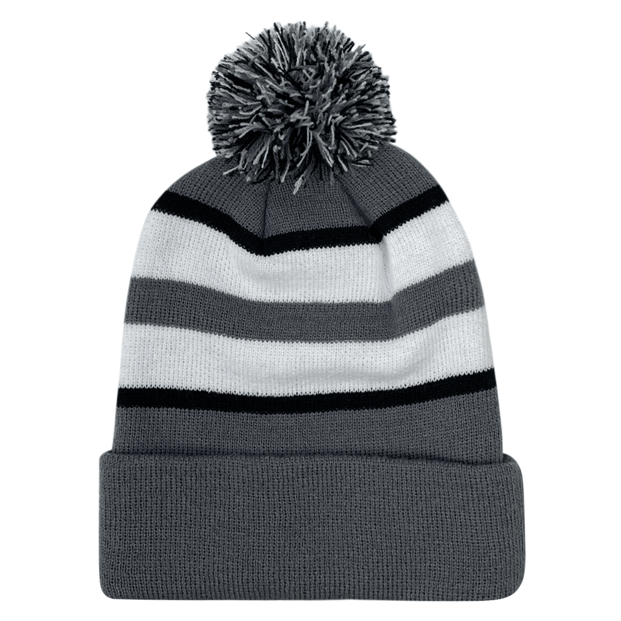 An Hooped Knit Fold Over Pom-Pom Beanie with contrast stripes made by Augusta Sportswear.
