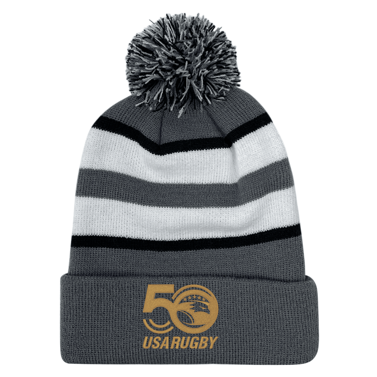 The USA Rugby 50th Anniversary Hooped Knit Pom-Pom Beanie by EMB Augusta is gray and white striped with a pom-pom on top, featuring the "50 USA Rugby" logo in gold, celebrating the milestone event.