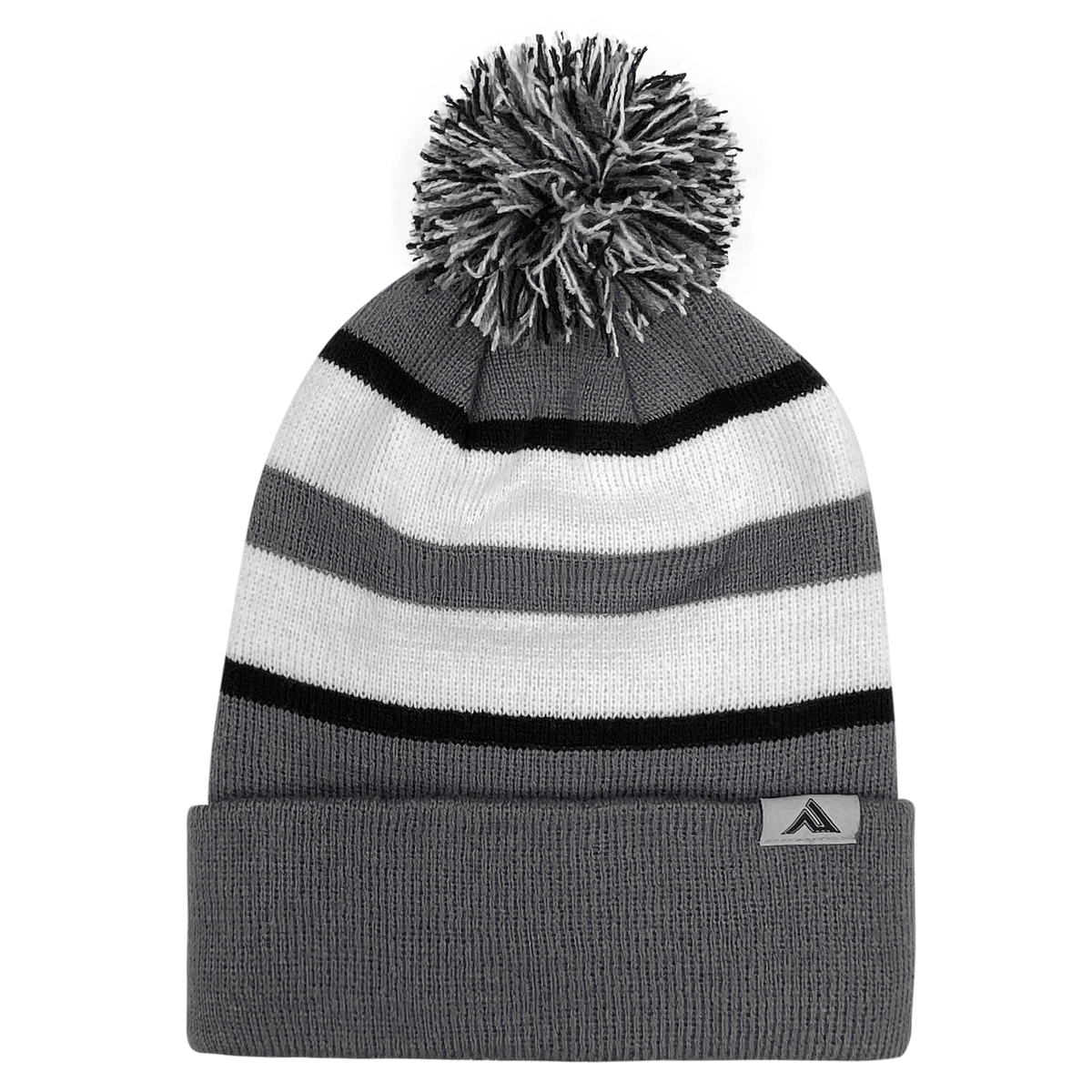 An Augusta Sportswear Hooped Knit Fold Over Pom-Pom Beanie made of acrylic fabric.