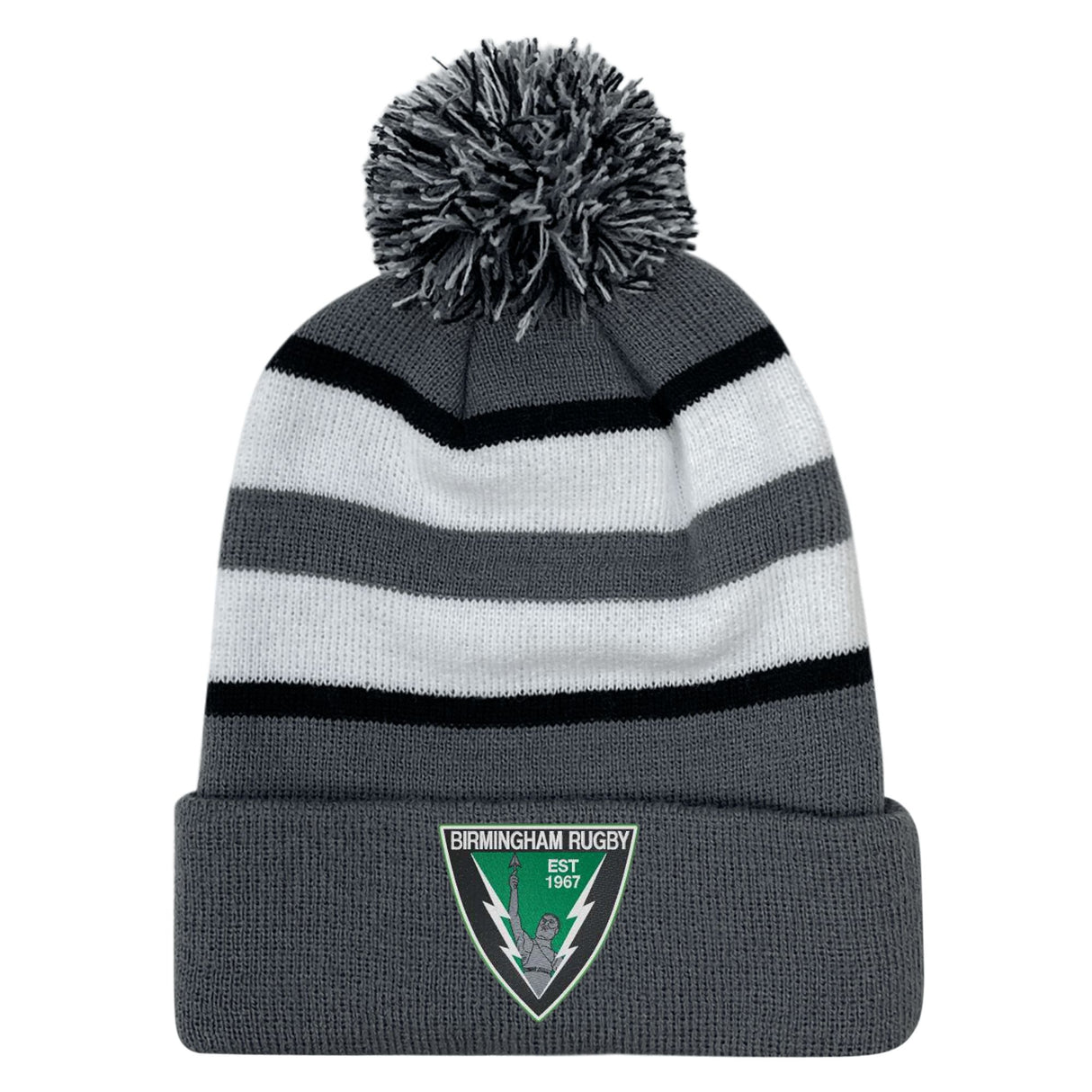 The EMB Augusta Birmingham Vulcans Rugby Hooped Pom-Pom Beanie features gray, black, and white stripes with a team patch on the brim—an embroidered hat perfect for fans since 1967.