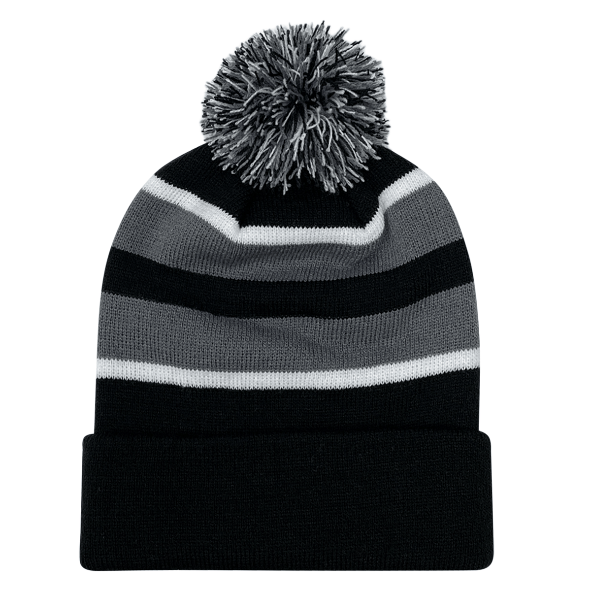 An Augusta Sportswear Hooped Knit Fold Over Pom-Pom Beanie made of acrylic fabric with contrast stripes in black and grey.