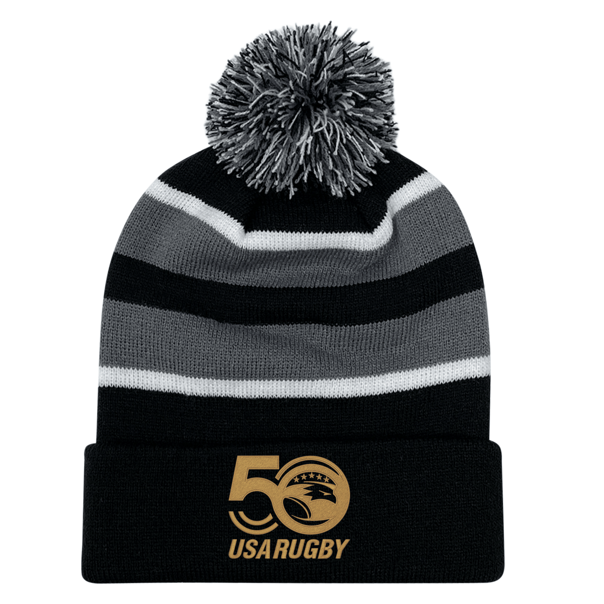 Celebrate with the USA Rugby 50th Anniversary Hooped Knit Pom-Pom Beanie from EMB Augusta. Its black and gray stripes, playful pom-pom, and "USA RUGBY 50" logo make it perfect for marking this special occasion in style.
