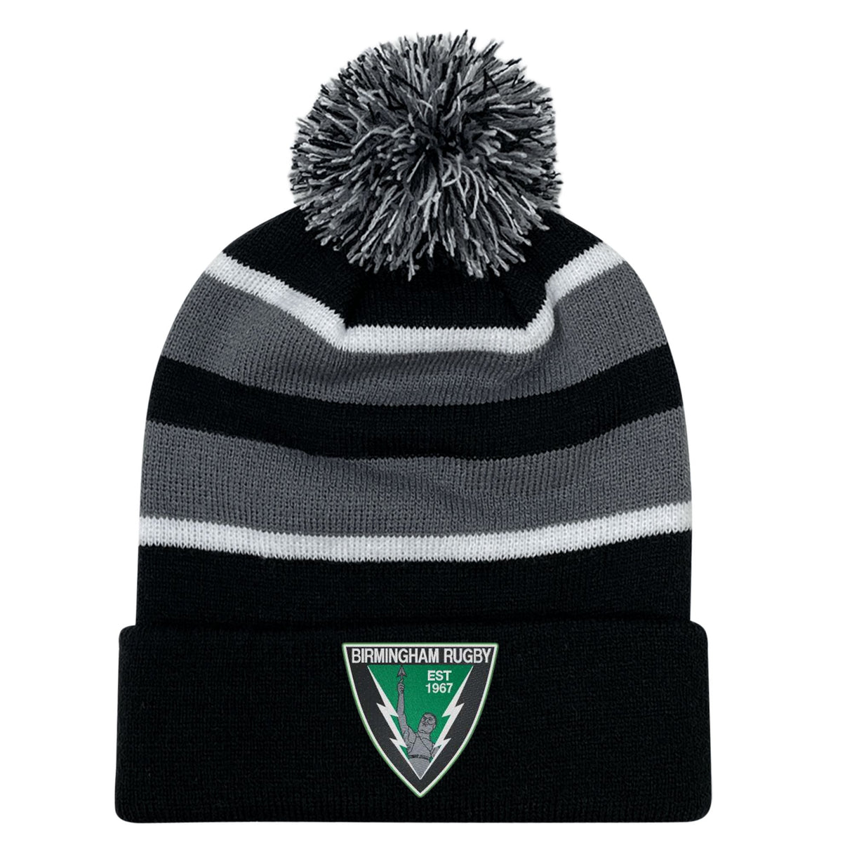 Show your team pride with the EMB Augusta Birmingham Vulcans Rugby Hooped Pom-Pom Beanie, featuring black, gray, and white stripes and an embroidered crest on the front cuff.