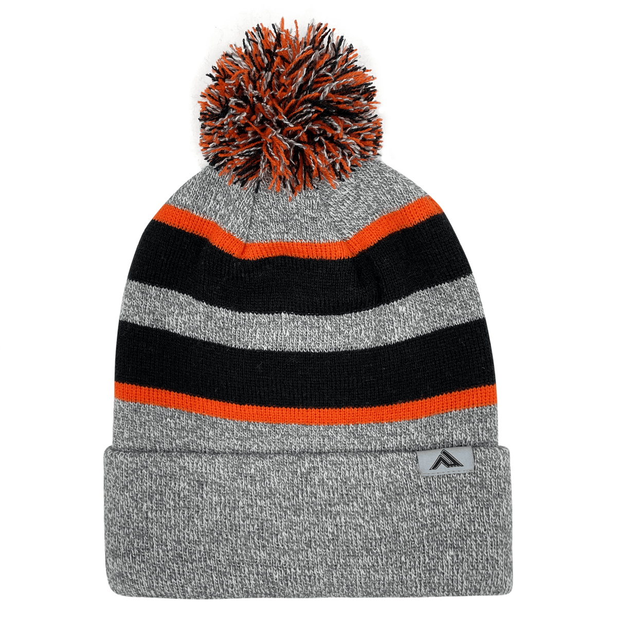 This Hooped Knit Fold Over Pom-Pom Beanie by Augusta Sportswear features contrast stripes and is made of acrylic fabric.