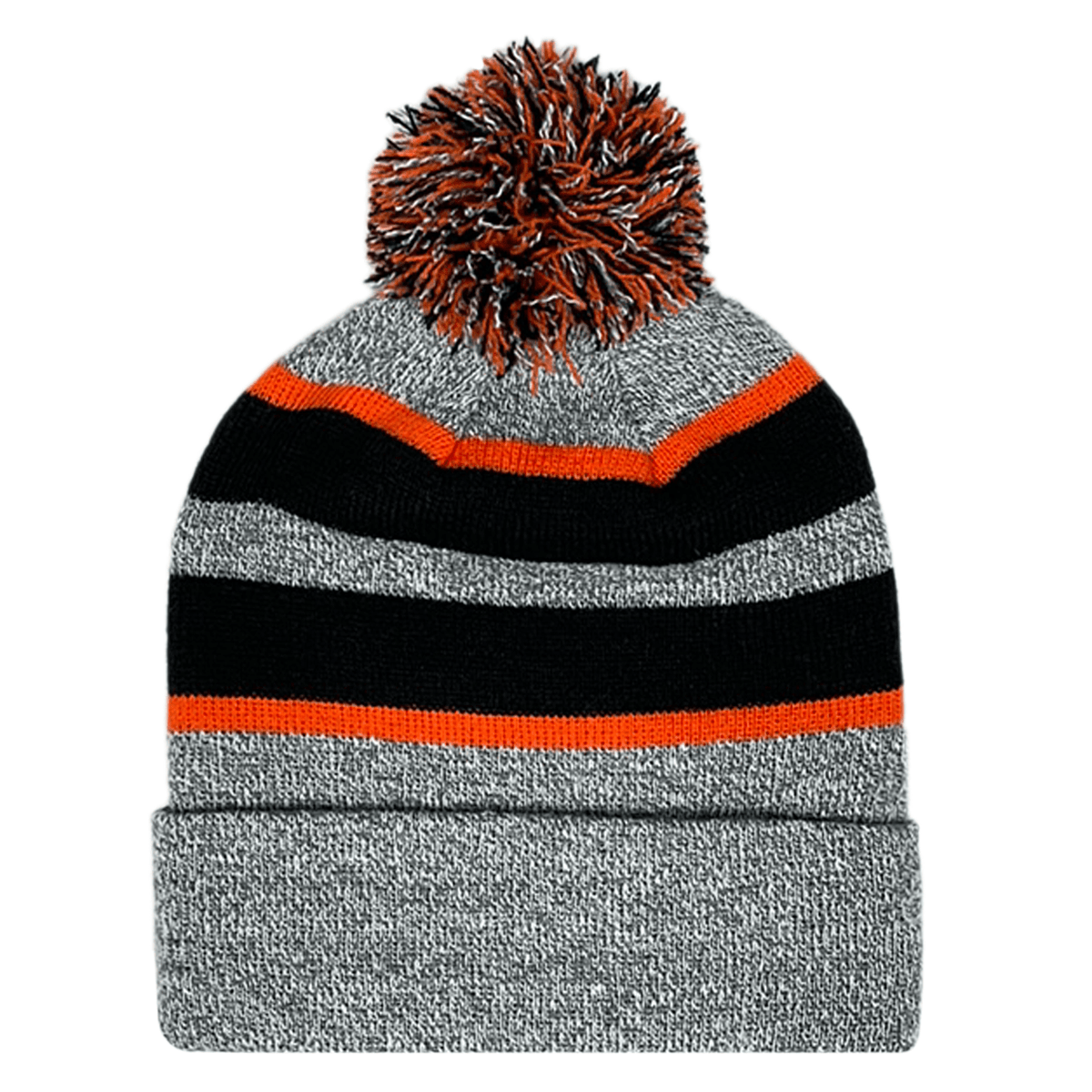An Augusta Sportswear Hooped Knit Fold Over Pom-Pom Beanie with contrast stripes in grey, orange, and black.