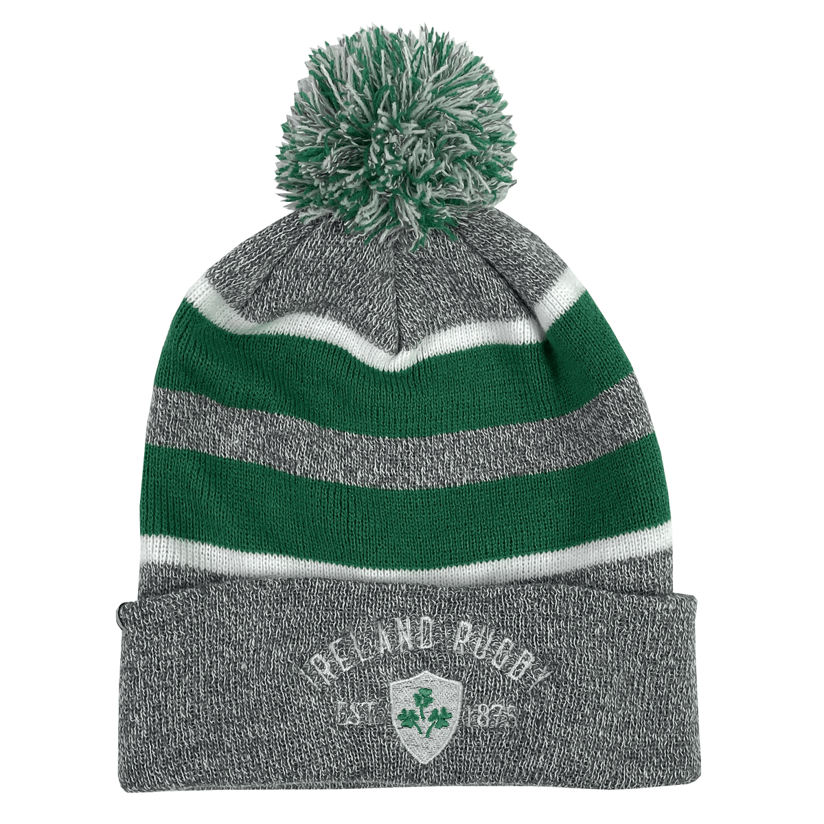 The Ireland Rugby 1875 White Text Hooped Pom-Pom Beanie by EMB Augusta is gray, white, and green with an embroidered "Ireland Rugby 1874" and shamrock on the front cuff for a touch of sporting history.
