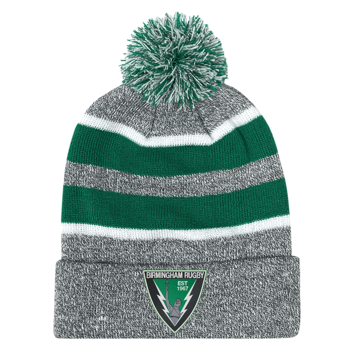 The EMB Augusta Birmingham Vulcans Rugby Hooped Pom-Pom Beanie in gray, green, and white features a "Birmingham Rugby Est 1967" cuff badge—perfect for Vulcans rugby fans.