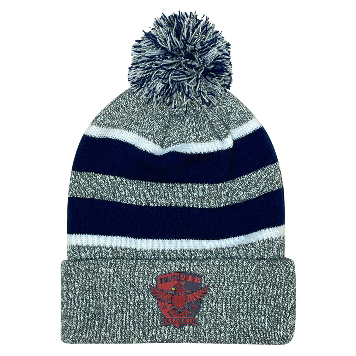 The EMB Augusta Charlotte Cardinal Rugby Club Hooped Pom-Pom Beanie features gray and navy stripes, a pom-pom, and a red eagle patch with text on the folded brim.