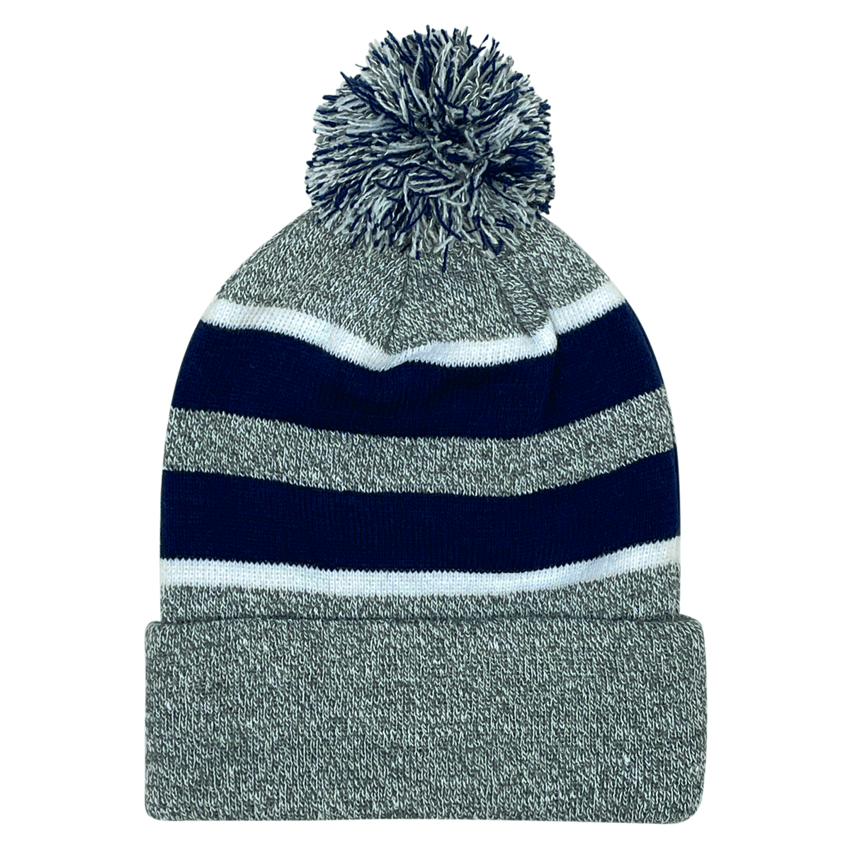 A Hooped Knit Fold Over Pom-Pom Beanie made of acrylic fabric by Augusta Sportswear.