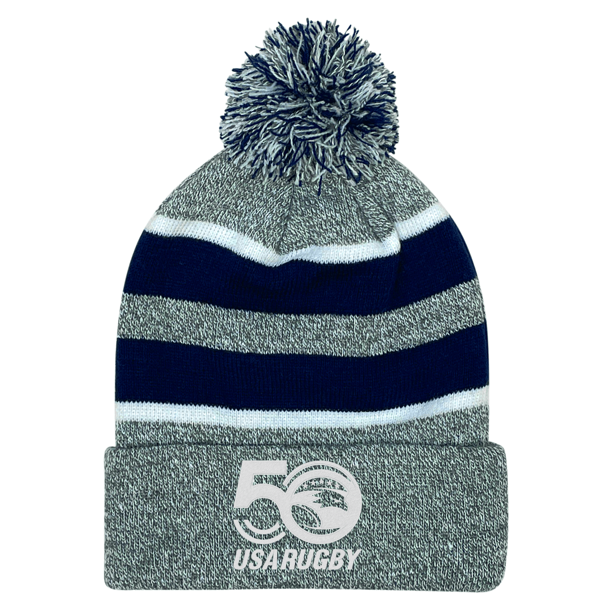 The EMB Augusta USA Rugby 50th Anniversary Hooped Knit Pom-Pom Beanie showcases a gray and navy striped design, complete with a top pom-pom and the "50 USA Rugby" logo prominently on the fold.
