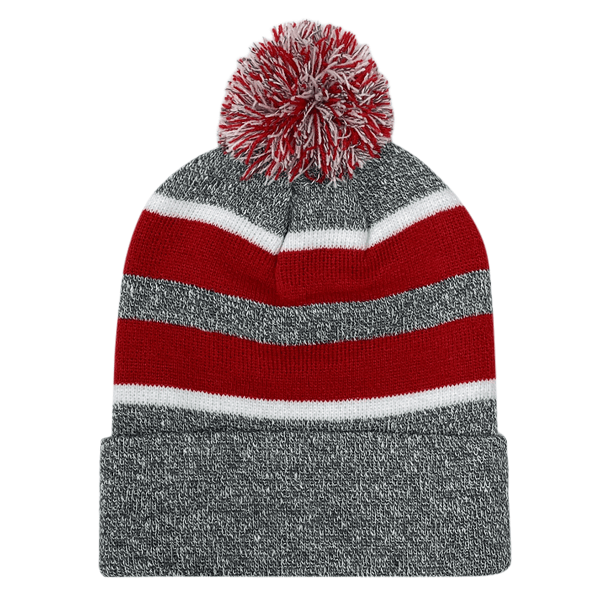 A grey and red striped Augusta Sportswear Hooped Knit Fold Over Pom-Pom Beanie made of acrylic fabric.