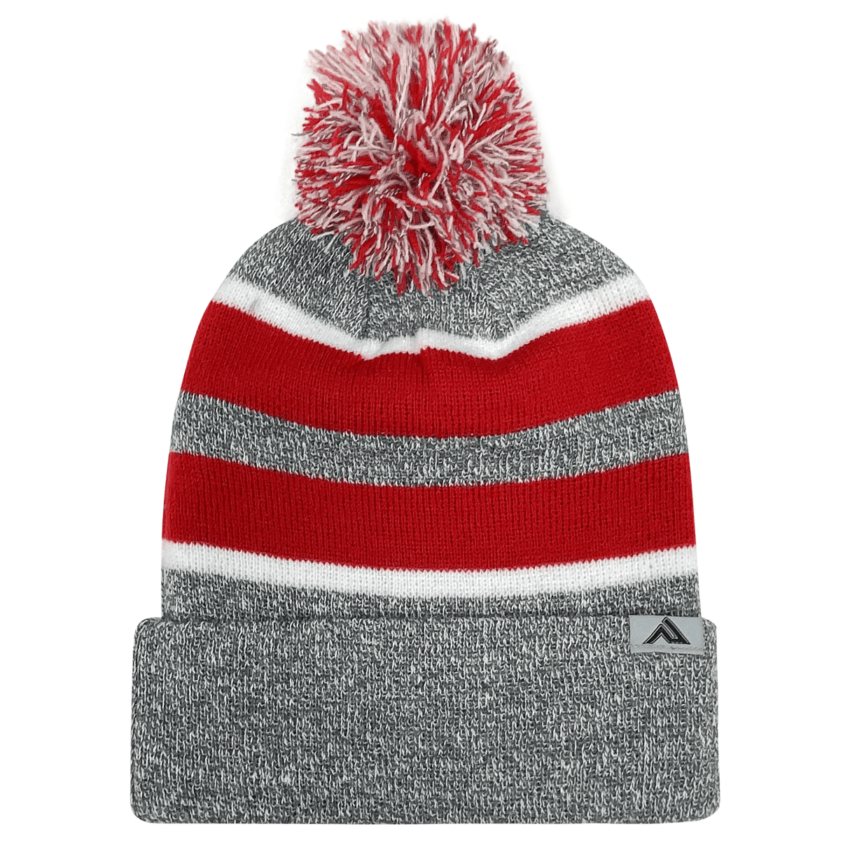 An Augusta Sportswear Hooped Knit Fold Over Pom-Pom Beanie with a Pom-Pom Cuff.
