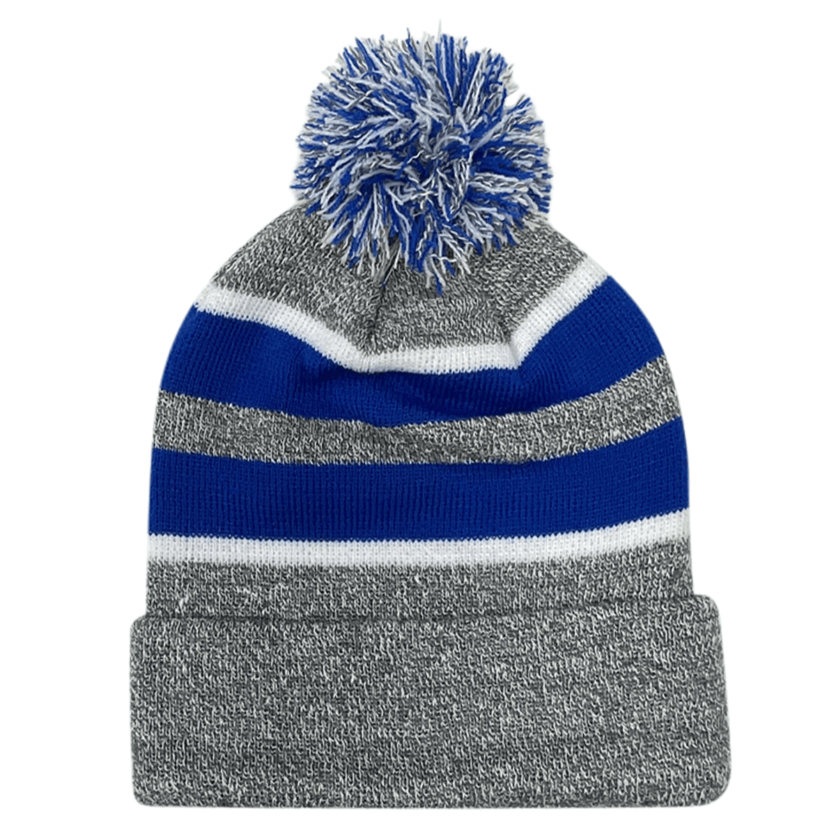 A grey and blue striped Hooped Knit Fold Over Pom-Pom Beanie with a blue pom, made of acrylic fabric by Augusta Sportswear.