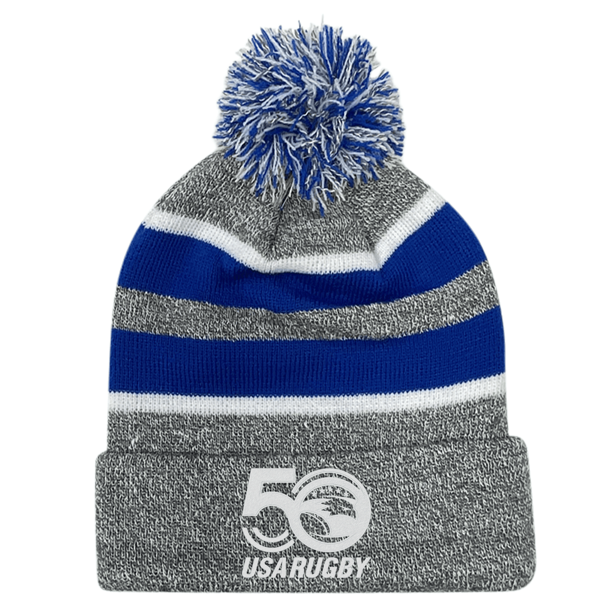 The EMB Augusta USA Rugby 50th Anniversary Hooped Knit Pom-Pom Beanie features a playful gray and blue design with a pom-pom on top and the iconic logo proudly displayed on the front.