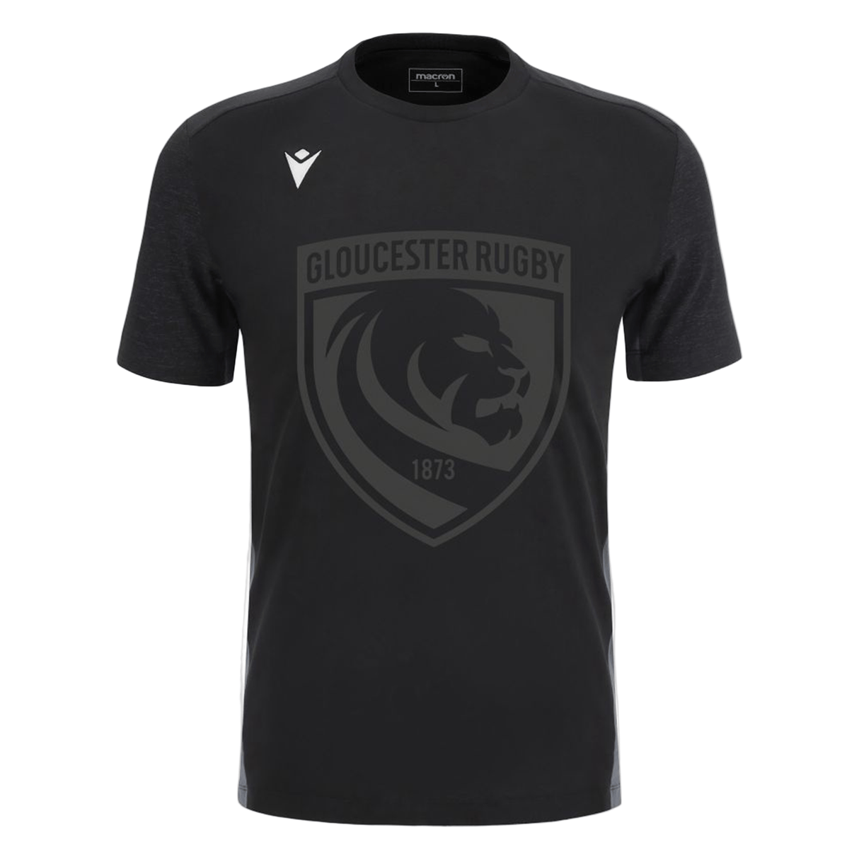 The Gloucester 25/26 Cotton Travel T-Shirt by Macron is black with a large dark grey lion crest and "1873" on the front, plus a white Macron logo on the right shoulder.