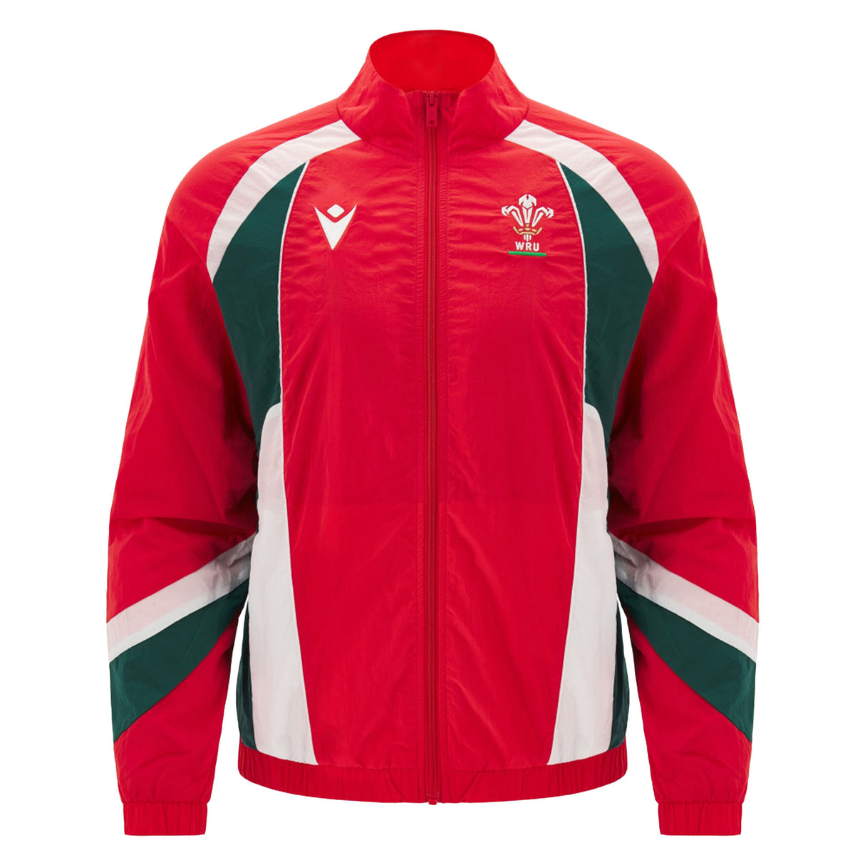 The Wales WRU 26/27 Heritage Retro Jacket by Macron is a red zip-up jacket with green and white accents, featuring the Welsh Rugby Union logo on the left chest and the Macron logo on the right, showcasing classic heritage rugby style from Macron.