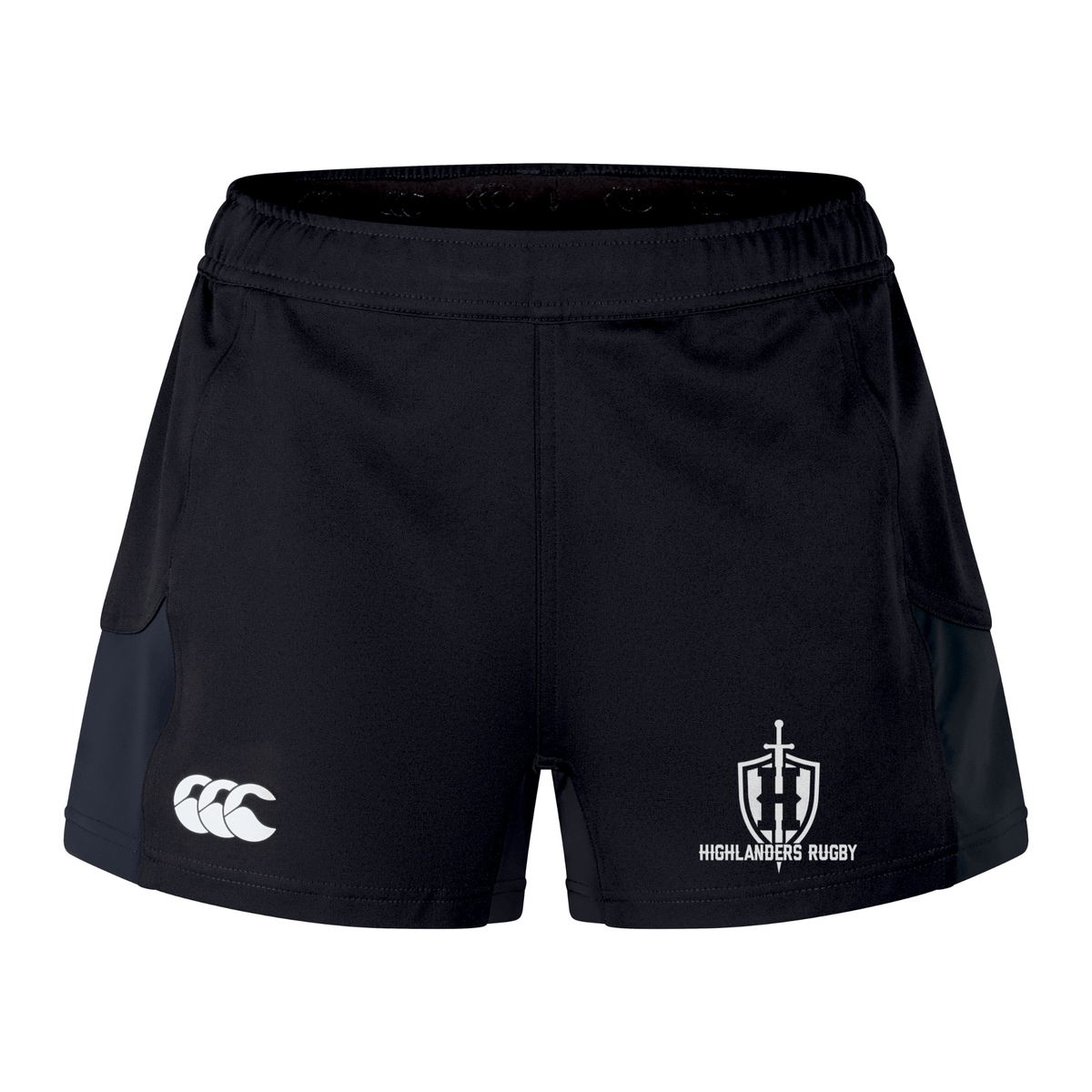 The Highlanders Rugby NC Women's Advantage Short 2.0 by Canterbury features a black design with the Highlanders Rugby logo on the right leg and the CCC (Canterbury) logo on the left leg, incorporating recycled content for improved performance and sustainability.