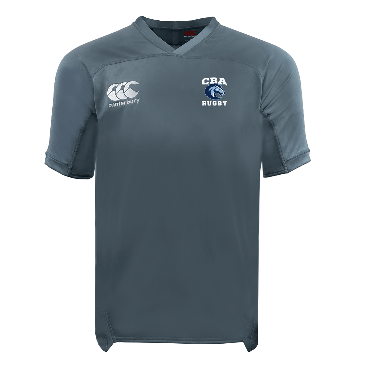 The Christian Brothers Academy Rugby Vapodri Evader Jersey by EMB Canterbury in gray displays the "CBA Rugby" logo on the chest and the Canterbury logo on the upper left, featuring advanced moisture-wicking technology for enhanced comfort during play.
