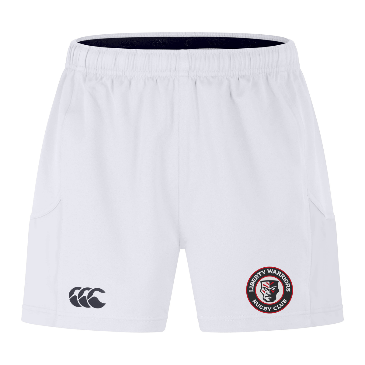 Liberty Lake Warriors Advantage Short 2.0 by EMB Canterbury, in white, showcases the "Liberty Warriors Rugby Club" logo on the right leg and a black Canterbury logo on the left, crafted for superior performance and sustainability.