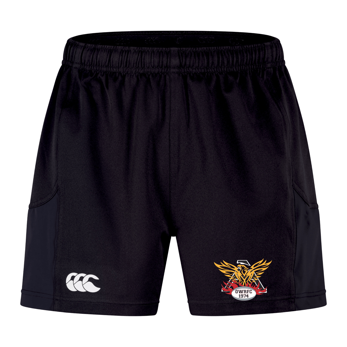 The Atlanta Old White Rugby Advantage Short 2.0 by EMB Canterbury are black performance shorts boasting a Canterbury logo on the left leg and a colorful crest on the right, crafted with recycled content.