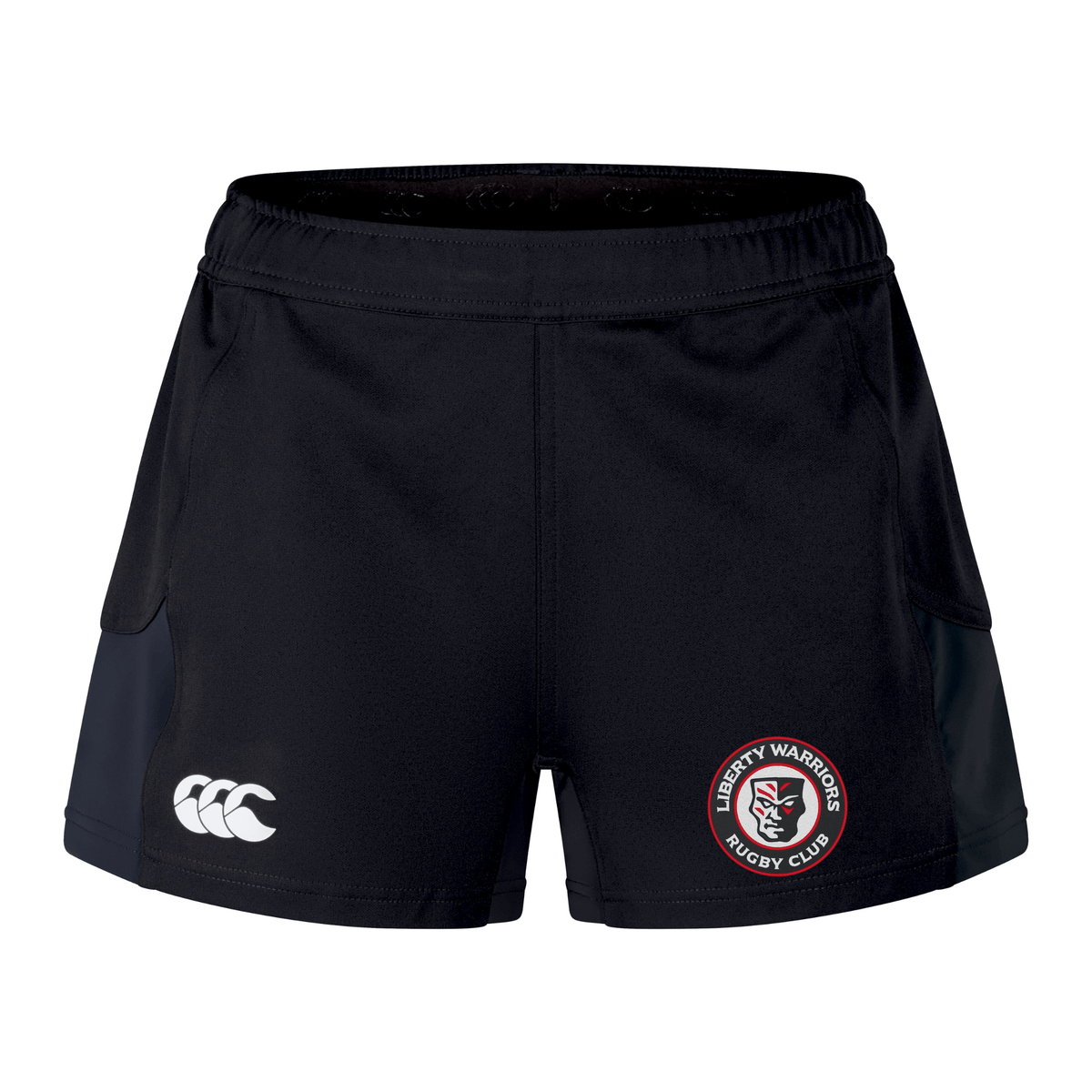 Introducing the Liberty Lake Warriors Women's Advantage Short 2.0 by Canterbury: black performance rugby shorts that proudly display the Liberty Warriors Rugby Club logo on the left and a white EMB Canterbury logo on the right. Designed with a secure waistband for maximum comfort, these shorts also incorporate recycled materials, offering an eco-friendly aspect.