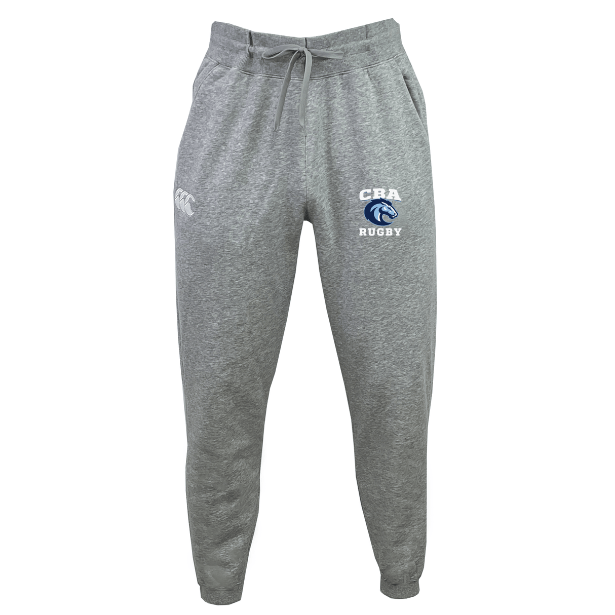 Gray Christian Brothers Academy Rugby joggers by EMB Canterbury, crafted from sustainable materials, feature a drawstring waist. "CRA Rugby" text and logo appear on the right thigh, with a Canterbury logo on the left hip.