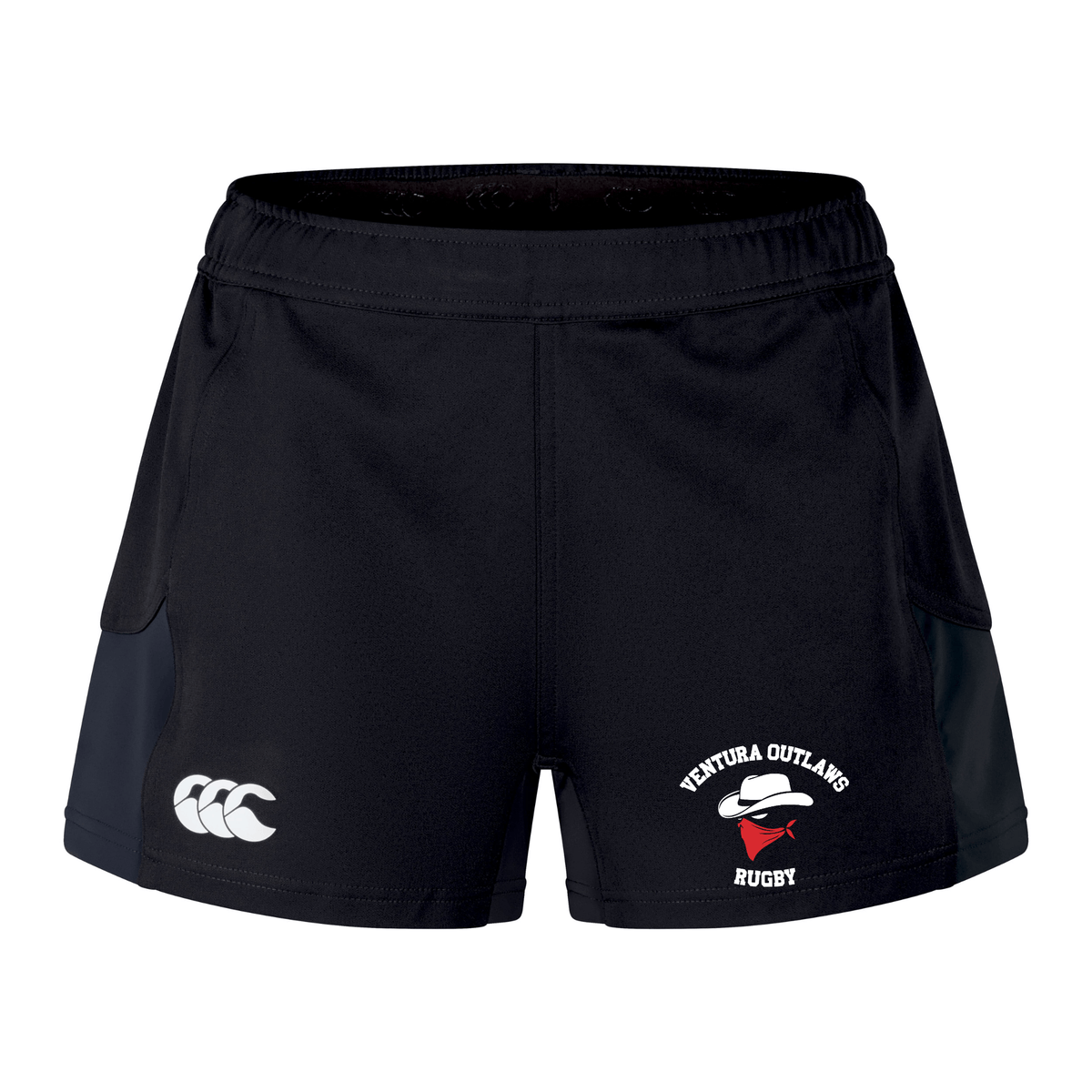 Ventura Outlaws Rugby Women's Advantage Short 2.0 by Canterbury, from EMB Canterbury, featuring a black design with the "Teatura Outlaws" logo on the front right side and a white three-logo design on the left, and equipped with a stretch gusset for enhanced movement.