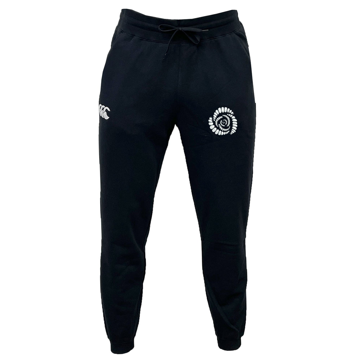 The Missoula All-Maggots Leisure Sweatpant by EMB Canterbury features a classic black design with a drawstring waist and two white embroidered logos—one on each thigh. Made from soft, sustainable fleece material, these sweatpants offer both comfort and style.