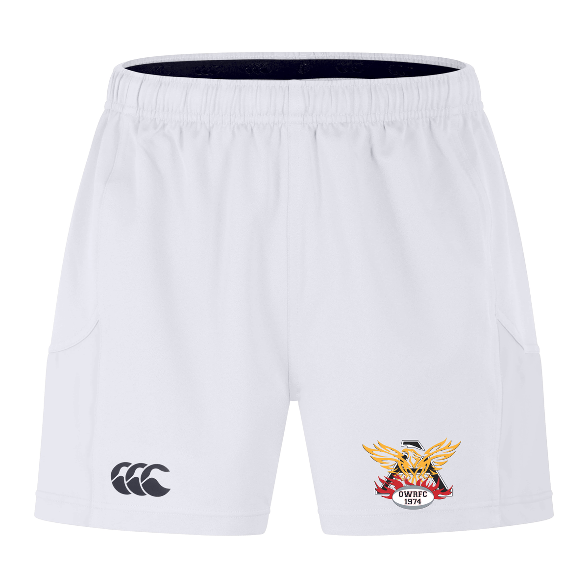 Atlanta Old White Rugby Advantage Short 2.0 by EMB Canterbury features a multicolored emblem on the right leg and a black logo on the left leg. These shorts ensure a comfortable fit with an elastic waistband and are made with recycled content for an eco-friendly advantage.