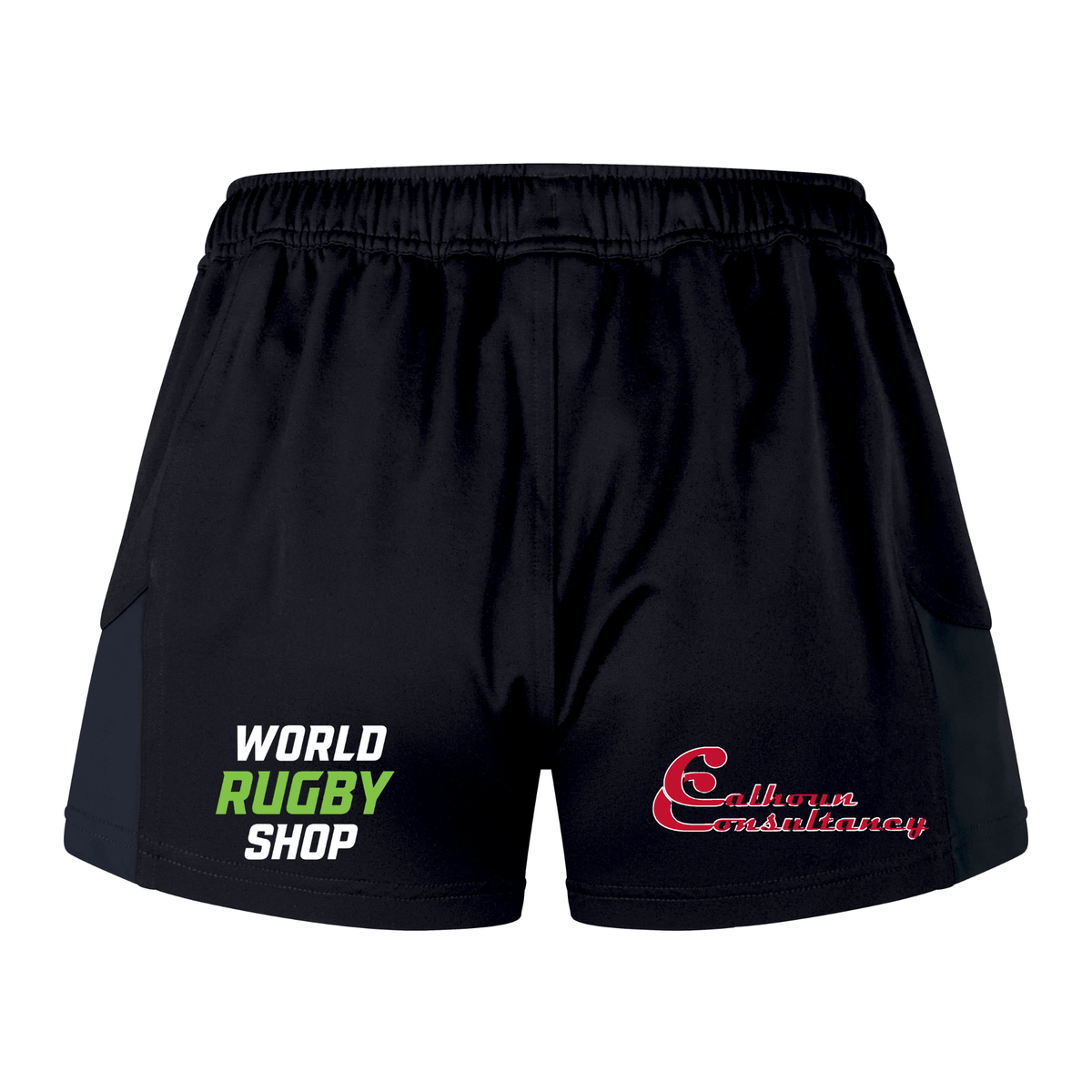 The Highlanders Rugby NC Women's Advantage Short 2.0 by Canterbury features the "World Rugby Shop" logo in green and white on the left leg and the "Cathroa Consultancy" logo in red on the right leg. Crafted from sustainable sportswear materials, these black athletic shorts by EMB Canterbury ensure you stay comfortable while performing at your best.