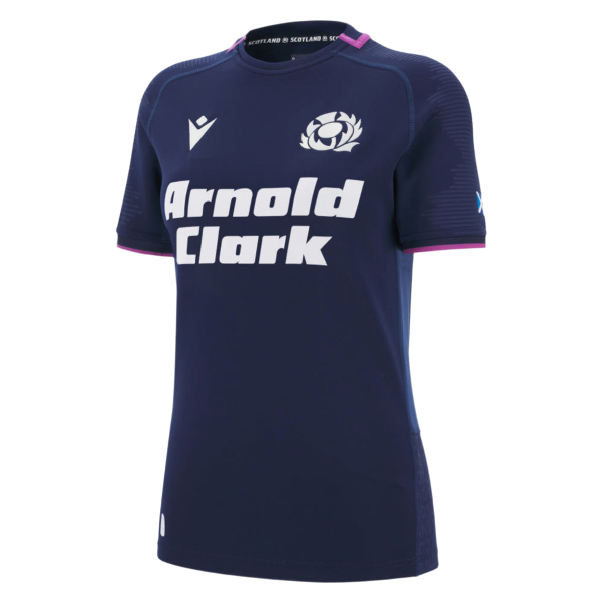 Women's Scotland 25/26 Replica Home Jersey by Macron features navy blue short sleeves, a white "Arnold Clark" sponsor logo, Scottish Rugby crest, and pink collar trim.