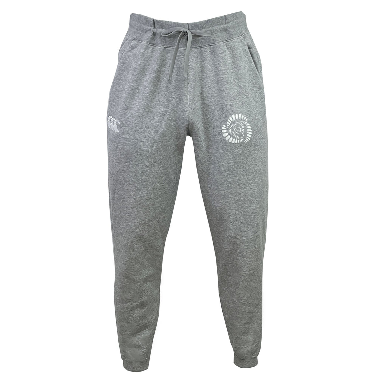 The Missoula All-Maggots Women's Leisure Sweatpant by EMB Canterbury features a gray design with elastic cuffs, two side pockets, and white printed logos on the upper left and right thighs.