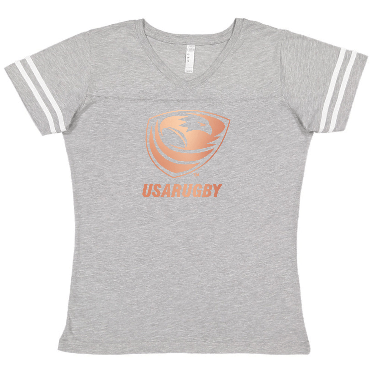The Women's USA Rugby Bronze V-Neck Football T-Shirt by WRS LAT is a gray V-neck top showcasing white double stripes on the sleeves and the "USARUGBY" text along with its logo on the front, celebrating the Sevens team's bronze medal.