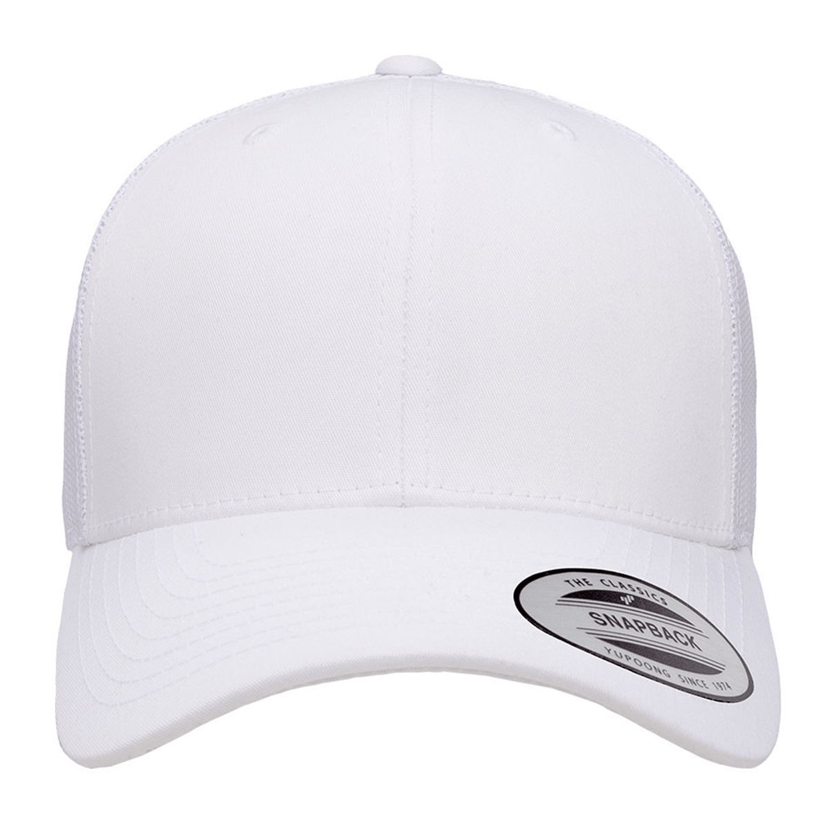 The S&S Activewear Retro Trucker Cap is a plain white hat with a curved brim, classic snapback closure, and round sticker on the bill, photographed against a white background.