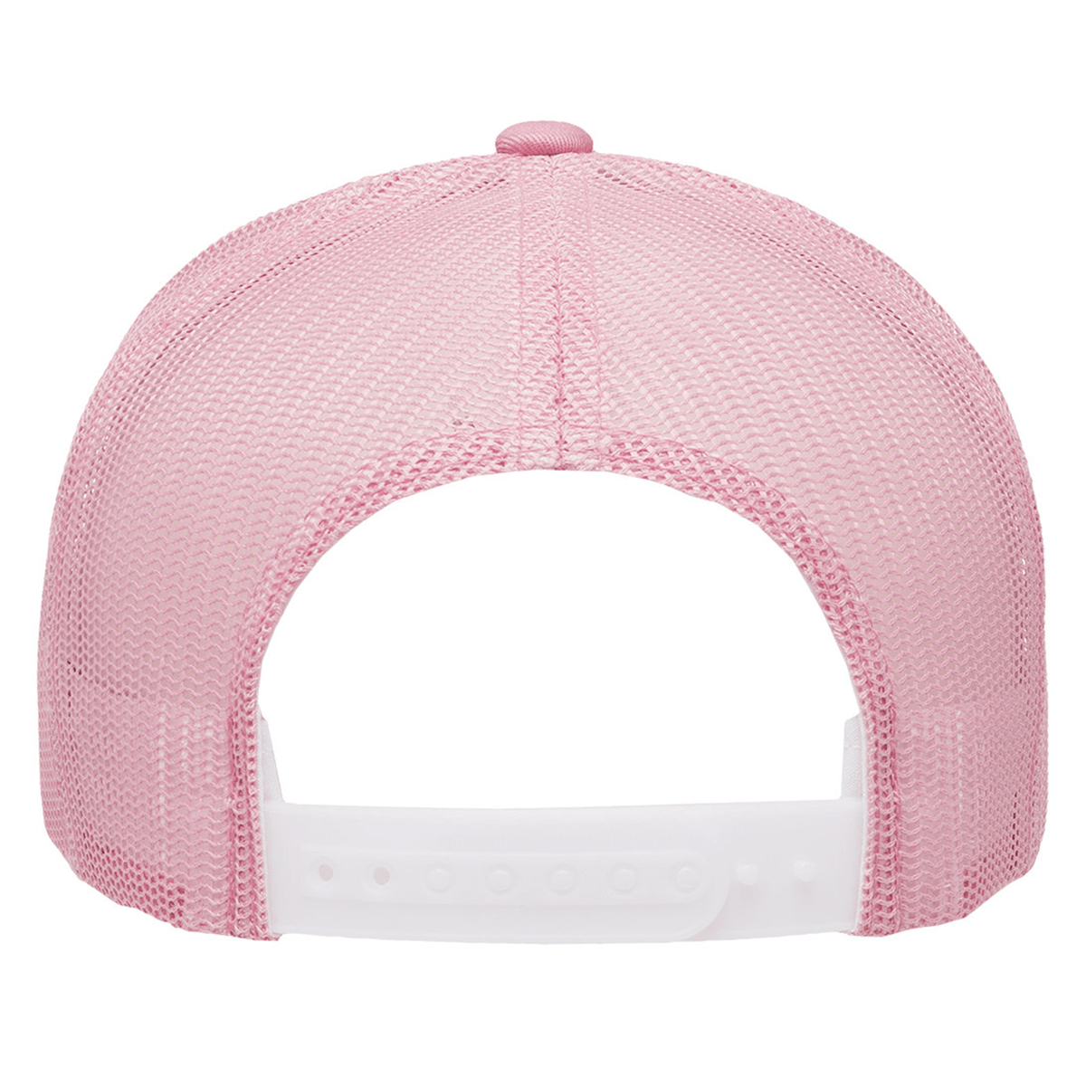 Back view of the S&S Activewear Retro Trucker Cap with pink mesh, embroidered design, and a white adjustable snapback closure.