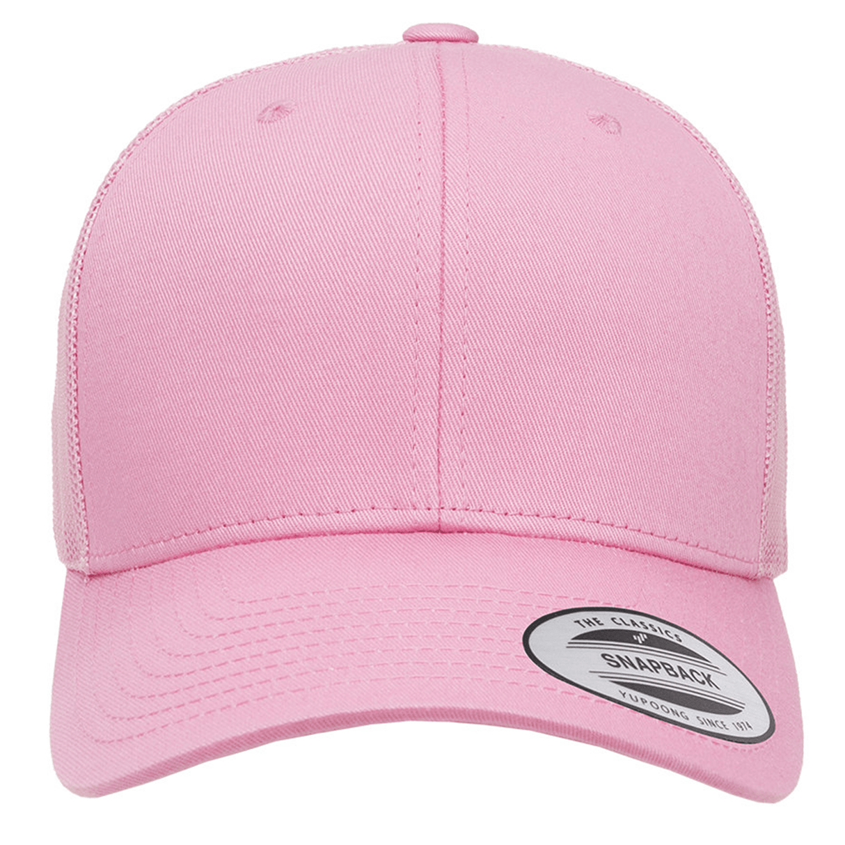 The Retro Trucker Cap by S&S Activewear is a light pink baseball cap featuring a curved brim, snapback closure, and a front sticker labeled "Snapback.