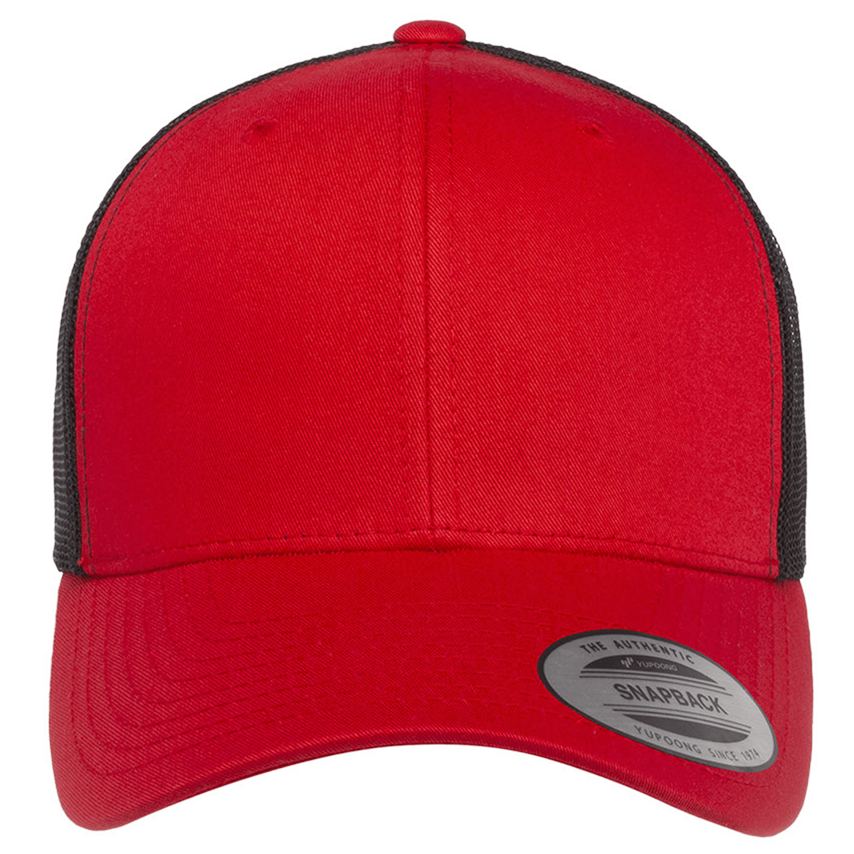 The S&S Activewear Retro Trucker Cap features a red and black design, mesh back, snapback closure, and a sticker on the brim.