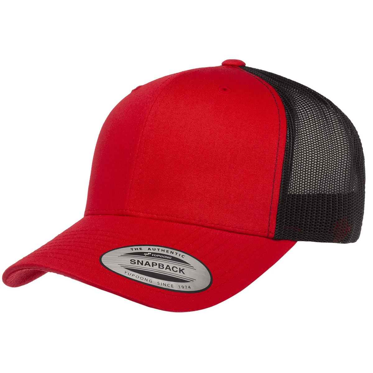 The S&S Activewear Retro Trucker Cap features a red and black design, curved brim, front embroidery, and adjustable snapback closure. Includes a sticker on the bill.