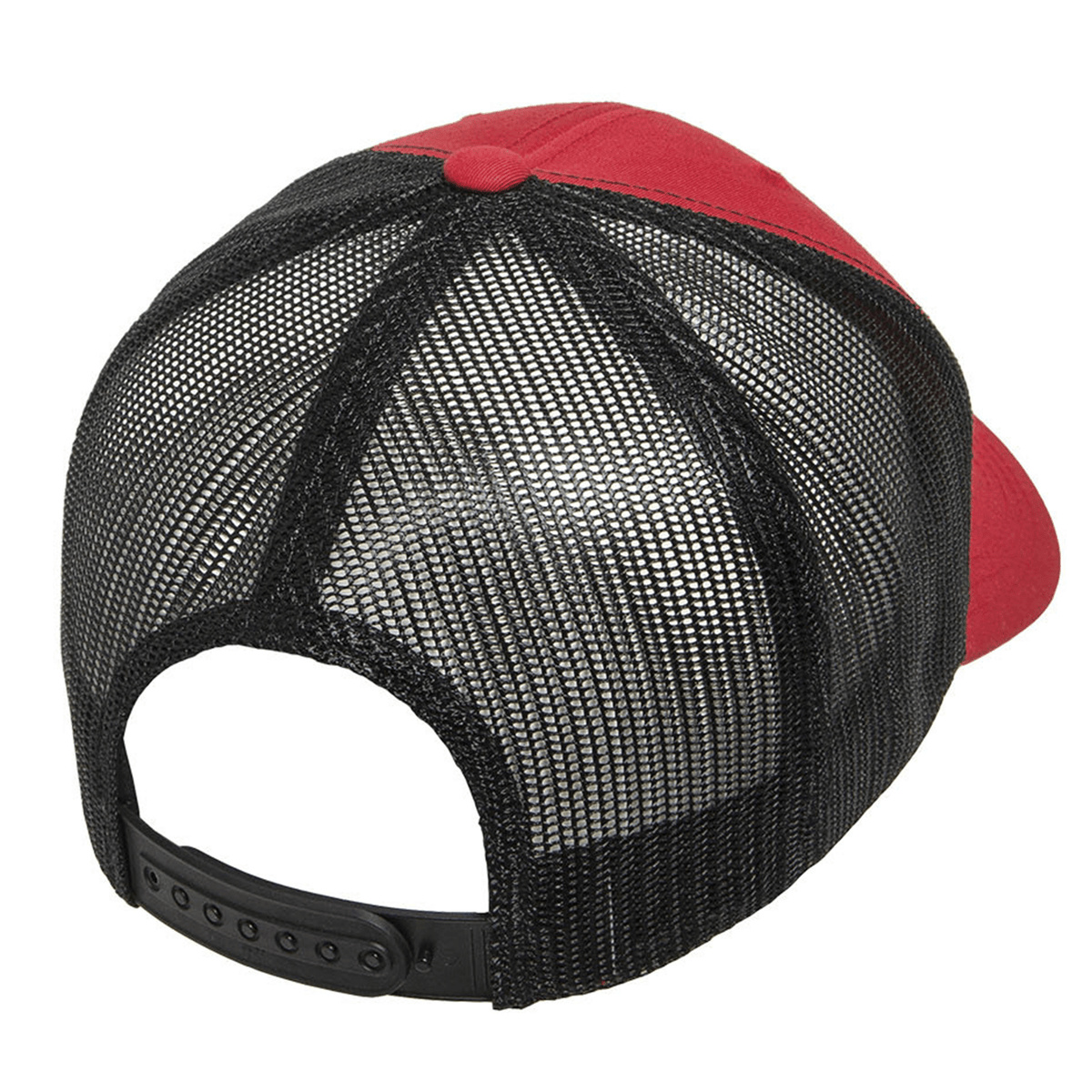 The S&S Activewear Retro Trucker Cap is shown from the back in red and black, featuring a mesh design, adjustable snapback closure, and classic style.