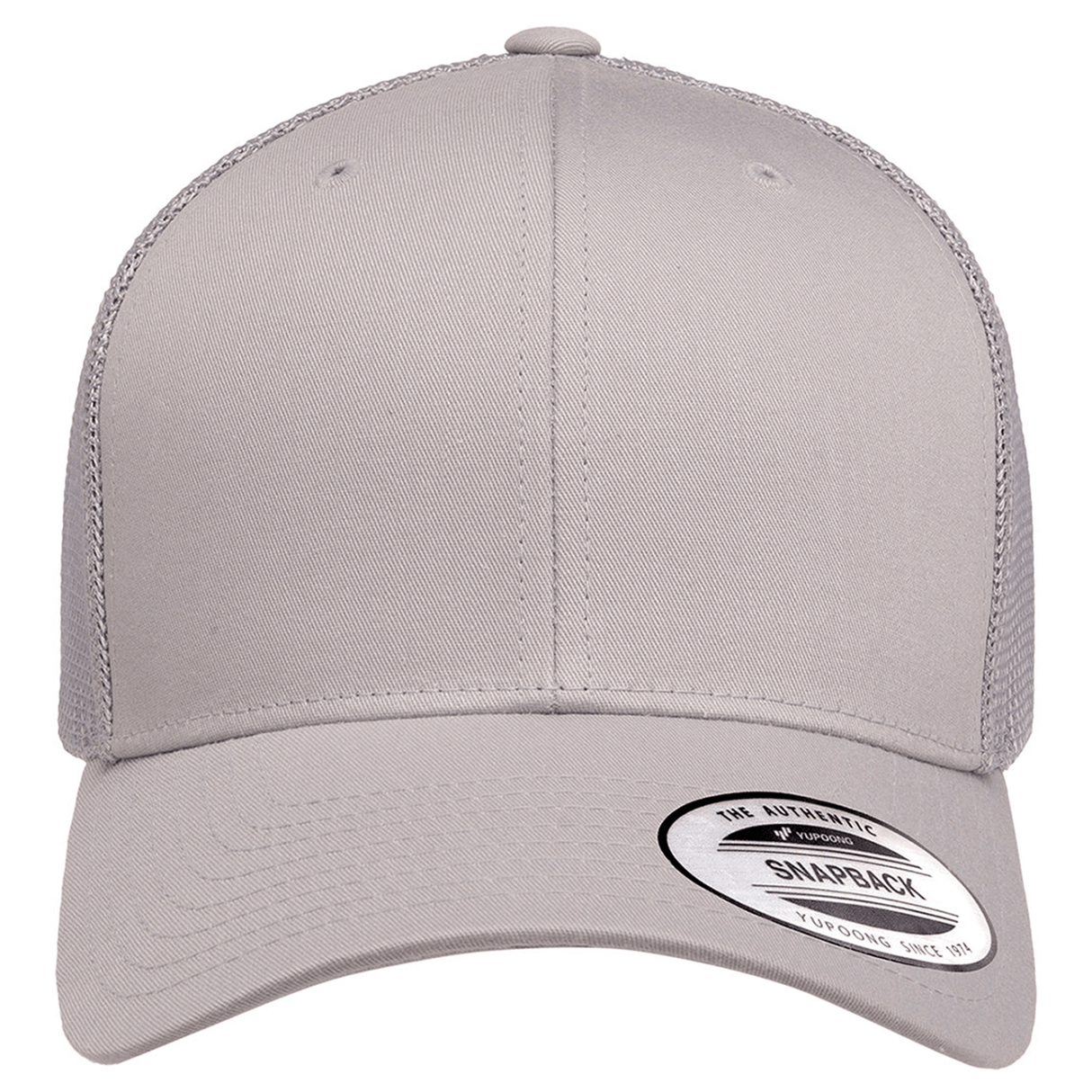 The S&S Activewear Retro Trucker Cap features a plain light gray front, mesh sides, a sticker on the brim, and a classic snapback closure, displayed from the front.