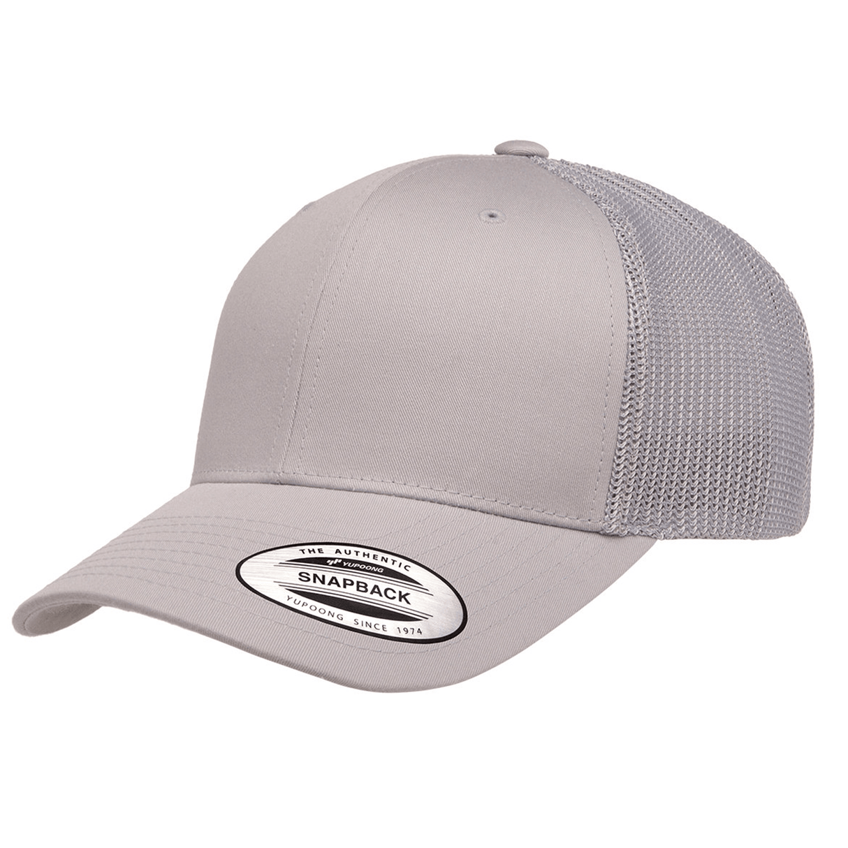 A light gray S&S Activewear Retro Trucker Cap featuring a mesh back, snapback closure, and a brim sticker that reads "The Authentic Snapback Yupoong.