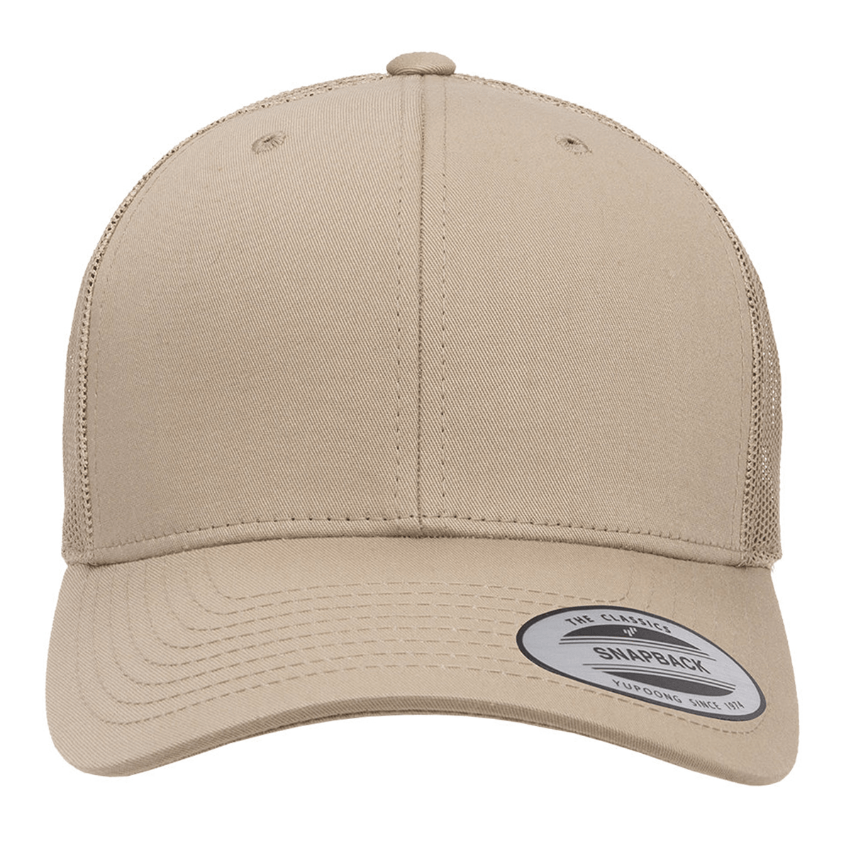 A tan S&S Activewear Retro Trucker Cap with a snapback closure, curved brim, and a sticker label on the bill, shown from the front.