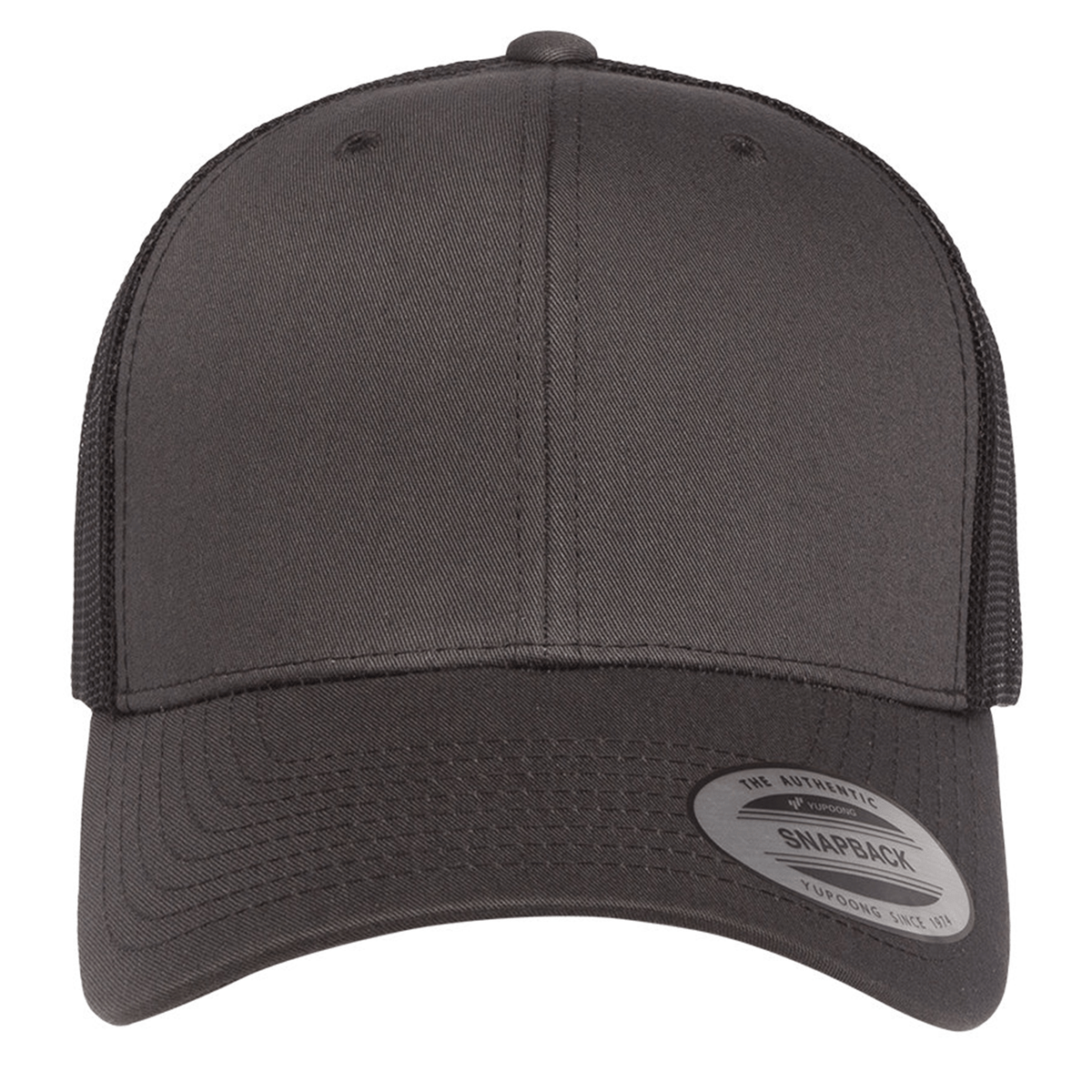 Front view of the S&S Activewear Retro Trucker Cap with a plain black front, mesh back, round brim sticker, and classic snapback closure.