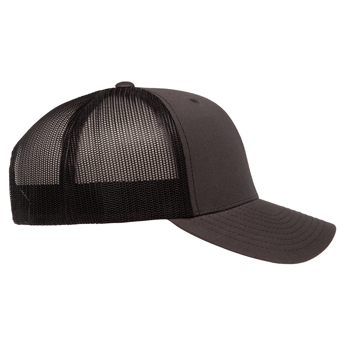 The S&S Activewear Retro Trucker Cap features a solid front panel, black mesh back, curved brim, and adjustable snapback closure, shown here in side profile.