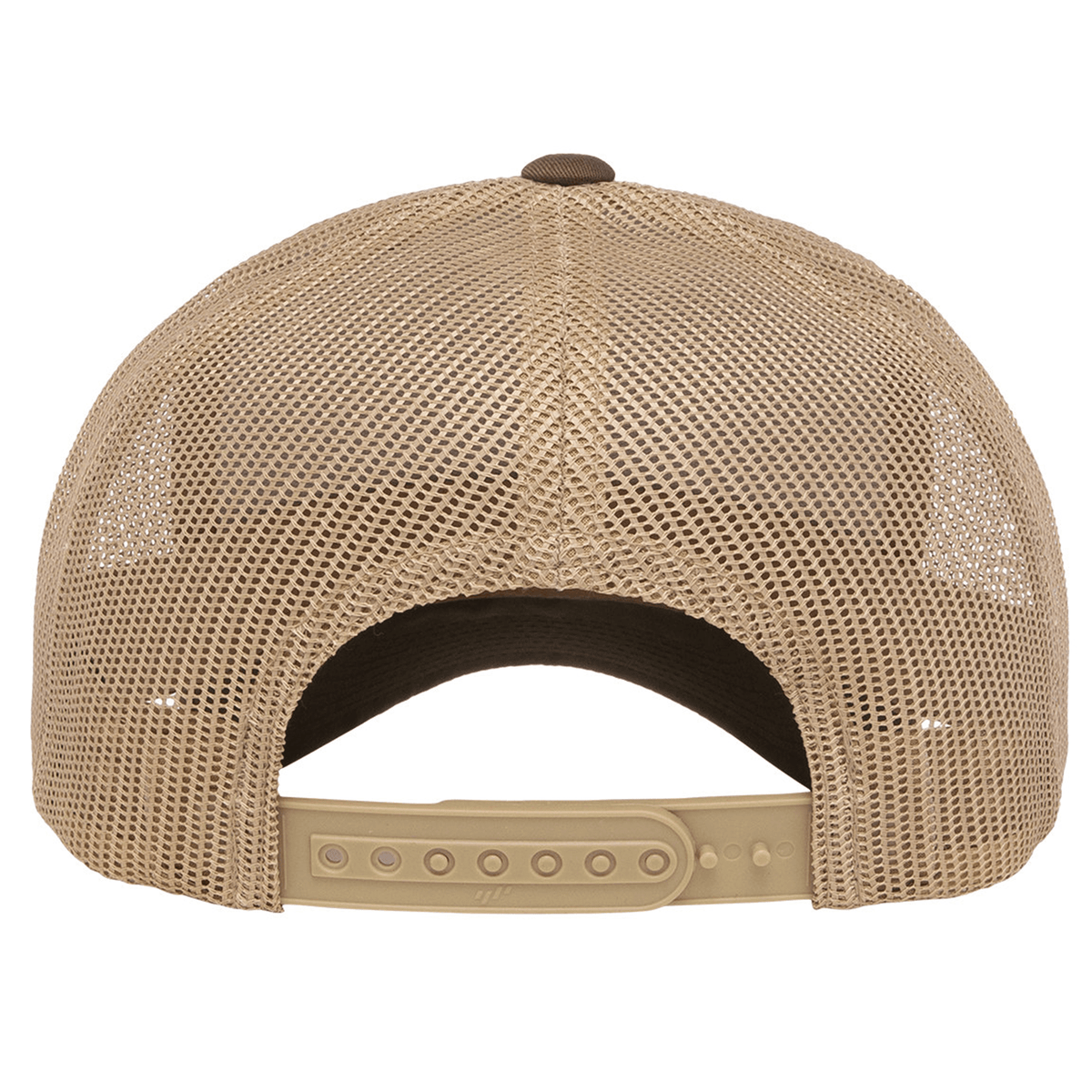 Back view of the S&S Activewear Retro Trucker Cap with tan mesh and an adjustable snapback closure for a custom fit.