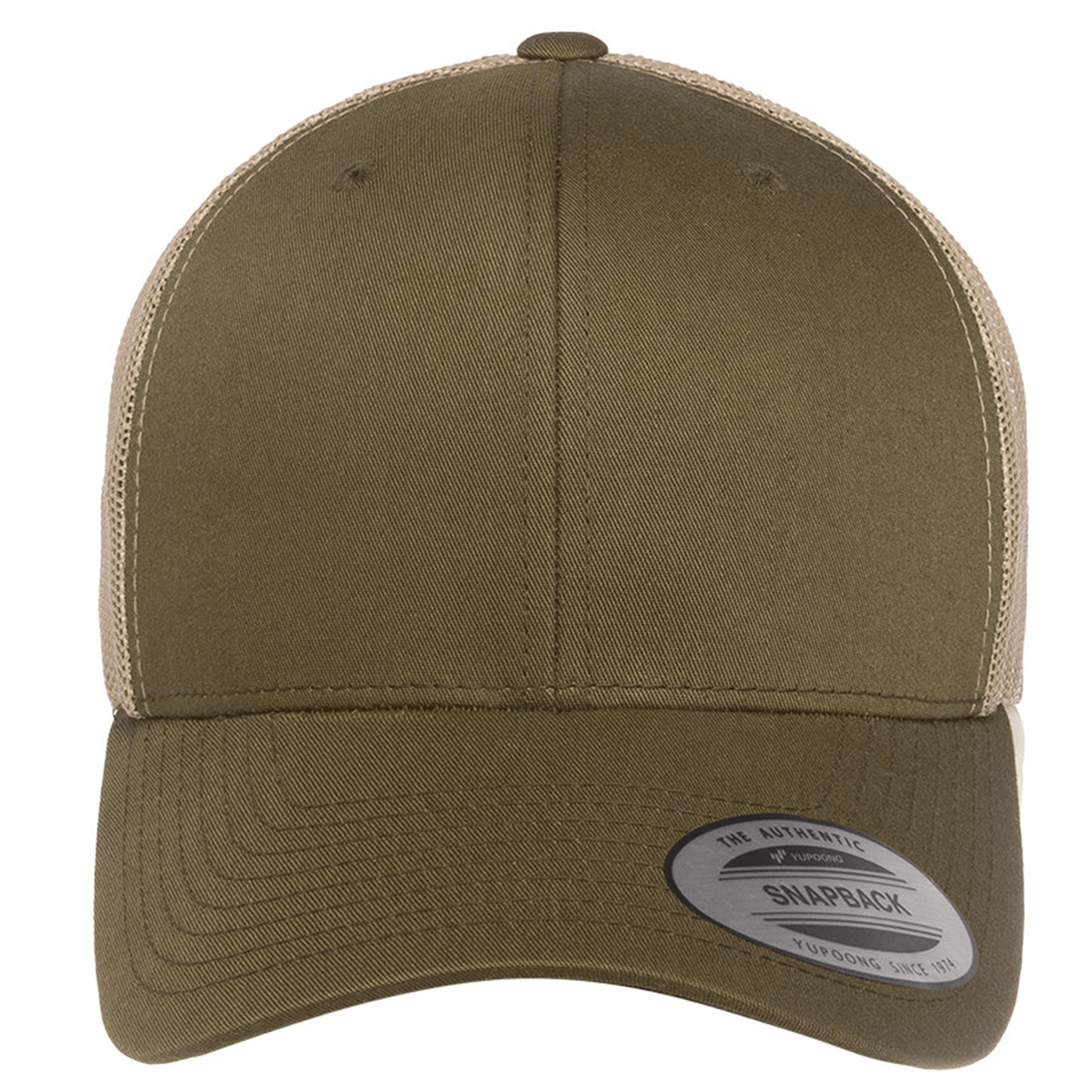 Front view of an olive green S&S Activewear Retro Trucker Cap featuring an embroidered design, beige mesh back, snapback closure, and a sticker on the brim.