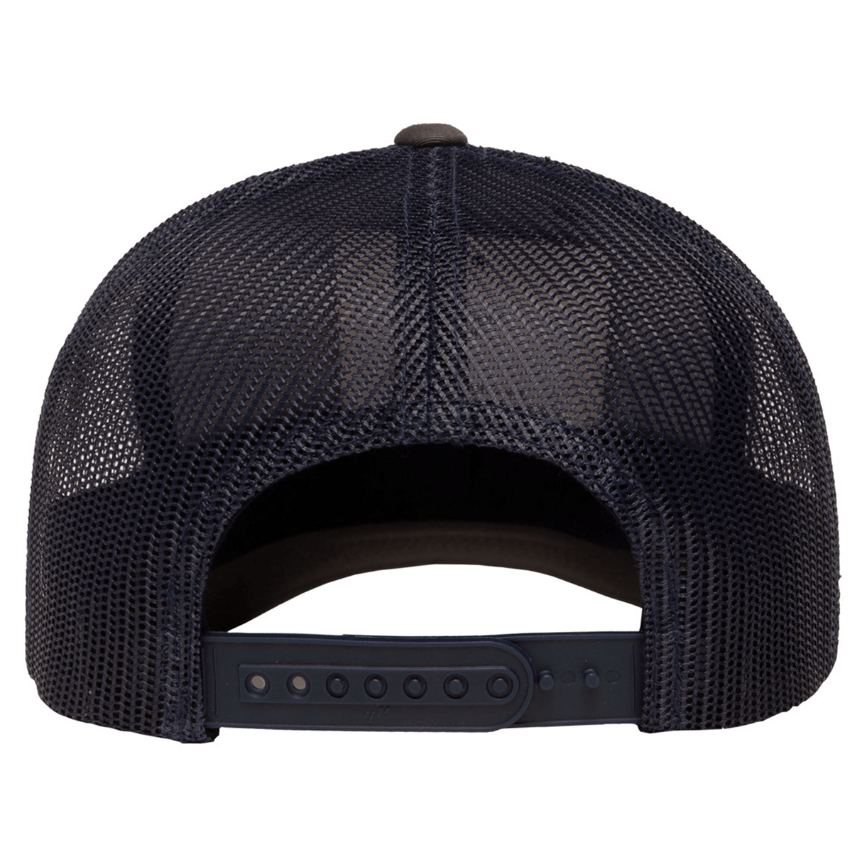 Back view of the S&S Activewear Retro Trucker Cap featuring black mesh and an adjustable snapback closure.