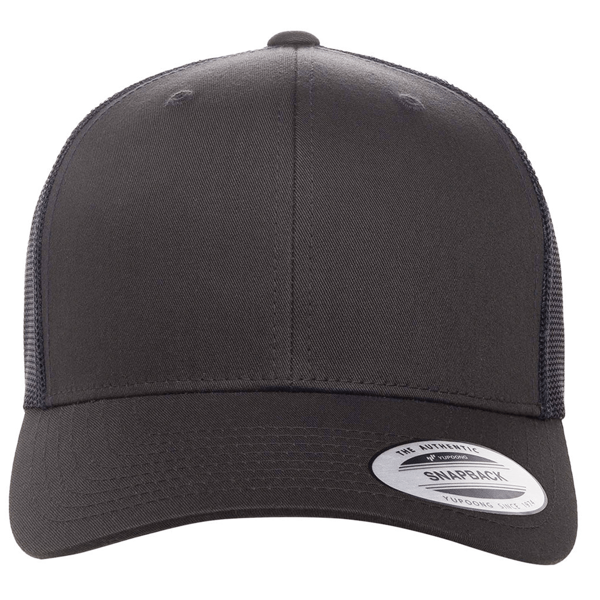 The S&S Activewear Retro Trucker Cap is black with an embroidered design, mesh back, and a brim sticker showing product details.