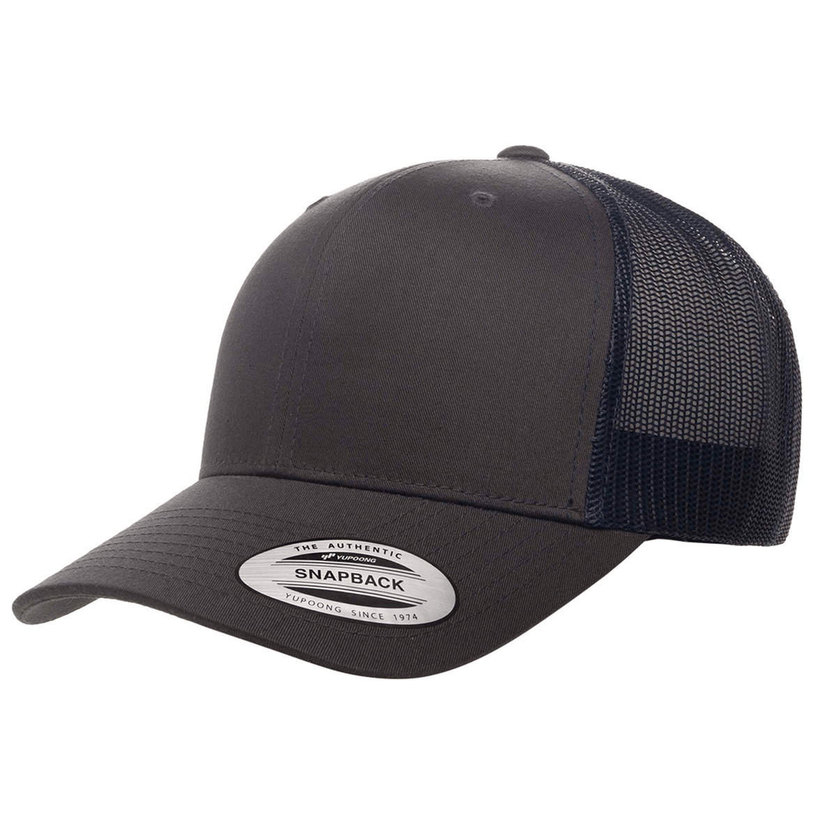 The S&S Activewear Retro Trucker Cap features a dark gray color, mesh back, front embroidery, snapback closure, and a brim sticker label.